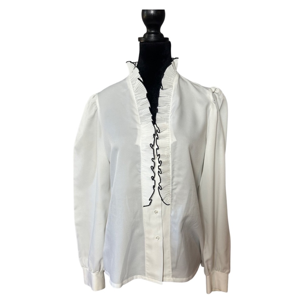 Vintage 80s Judy Bond Ruffle Collar Front white button down blouse Size 10